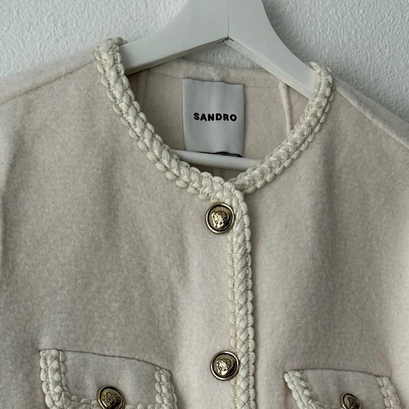 Sandro Cream Preppy Coat with Braided Trim - Picture 10 of 10